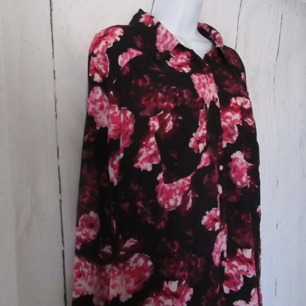 Torrid Top 1 1X Black Pink Floral Button Up Long Sleeve Boho Peasant Plus Size - Picture 3 of 7